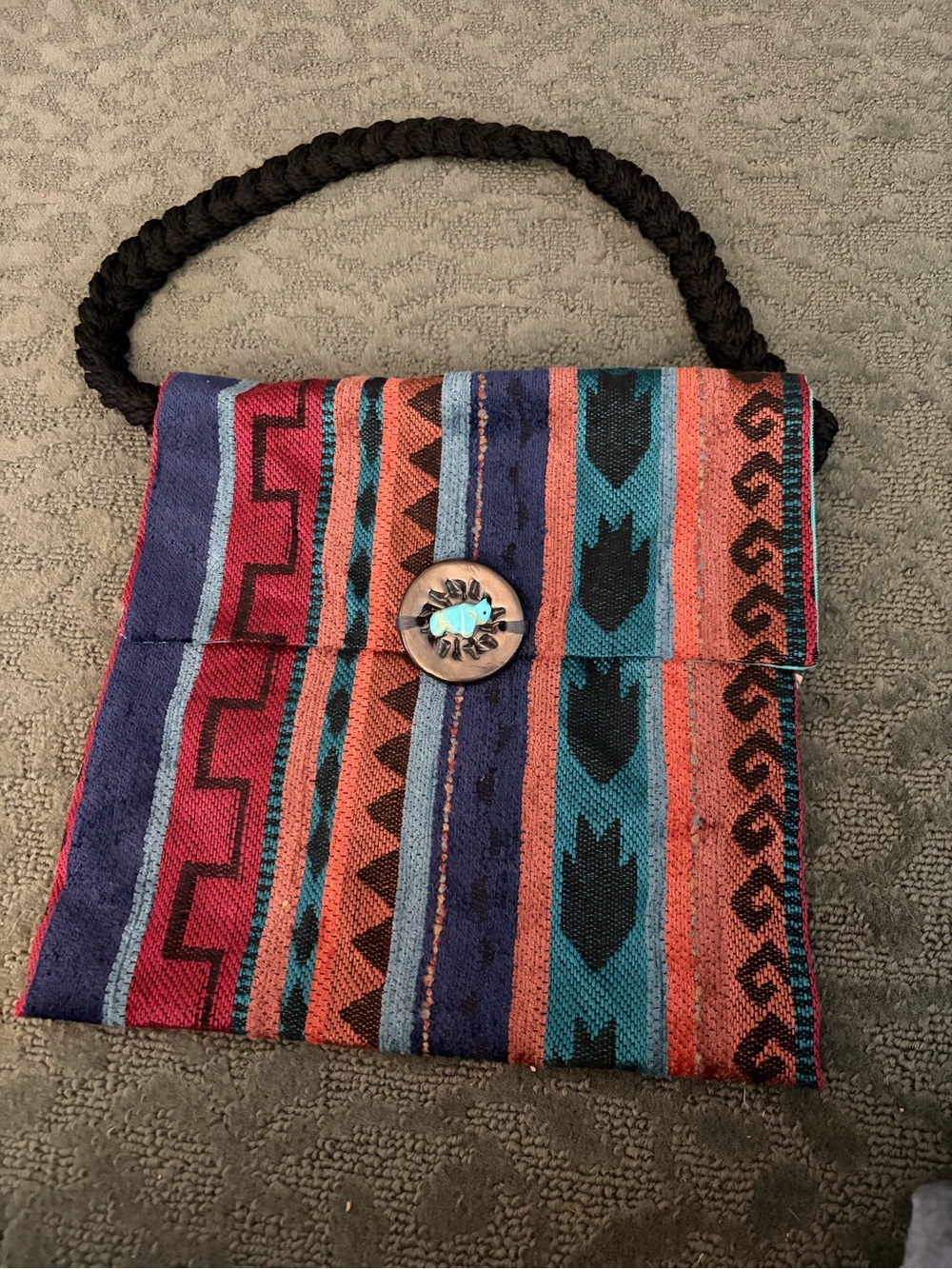 Striped Bohemian Shoulder Bag with Turquoise Accent
